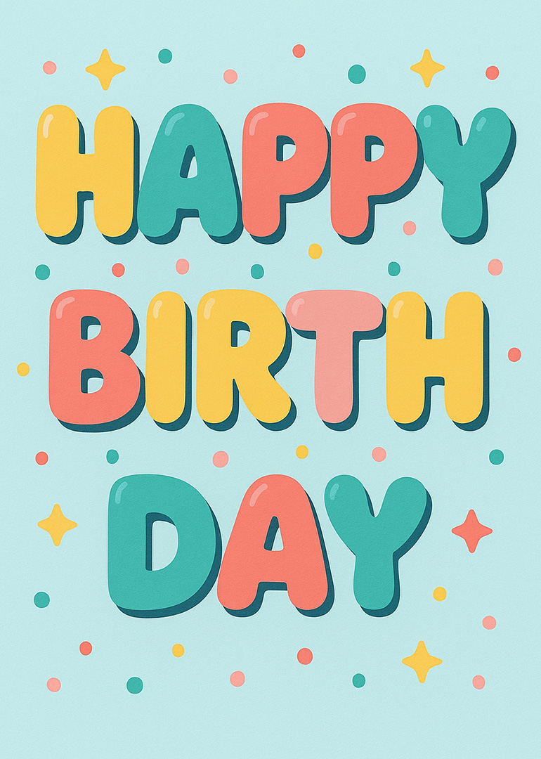 Colorful happy birthday text with confetti and stars on light blue background