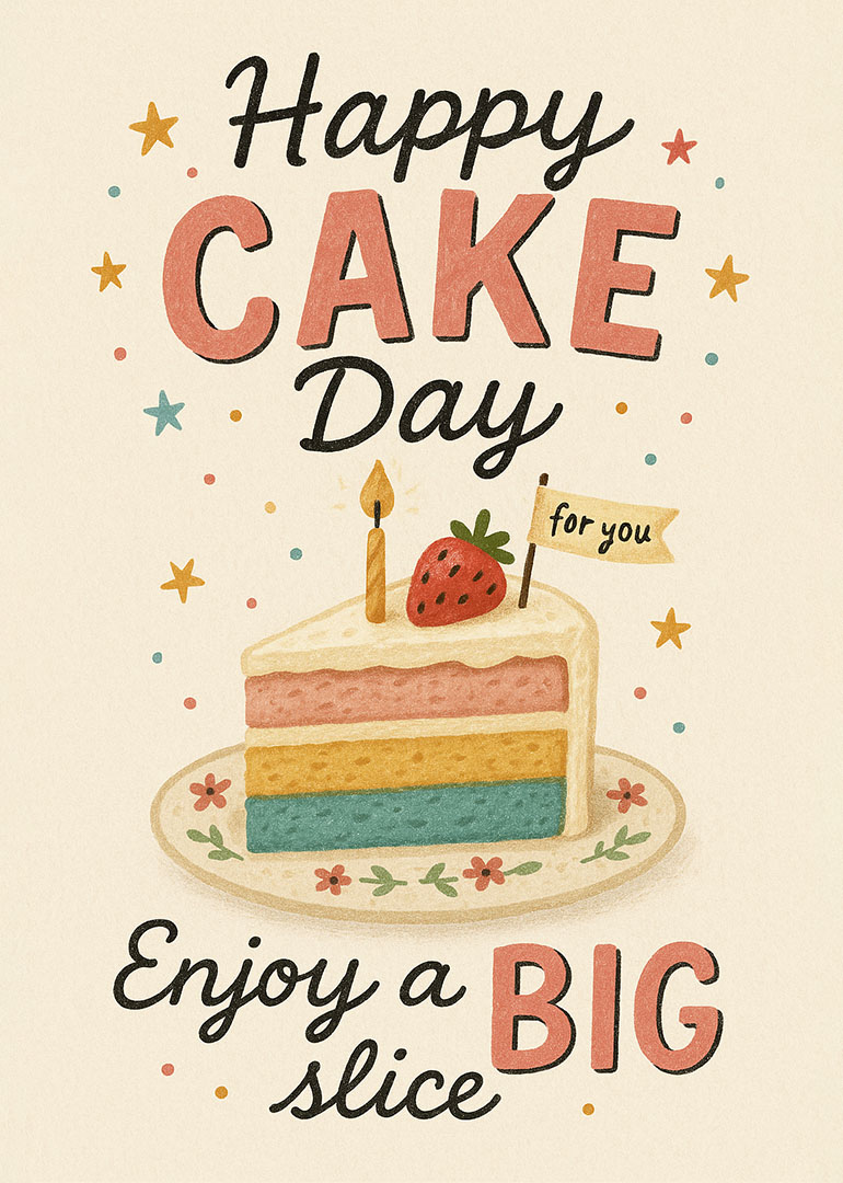 Illustration of a colorful cake slice with candle and strawberry on a floral plate