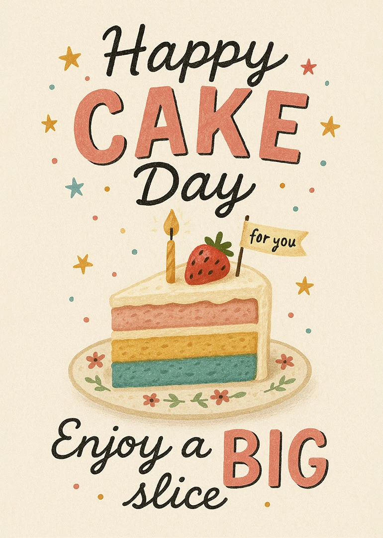 A watercolor birthday card with a cake slice, candle, strawberry, and Happy Cake Day text.