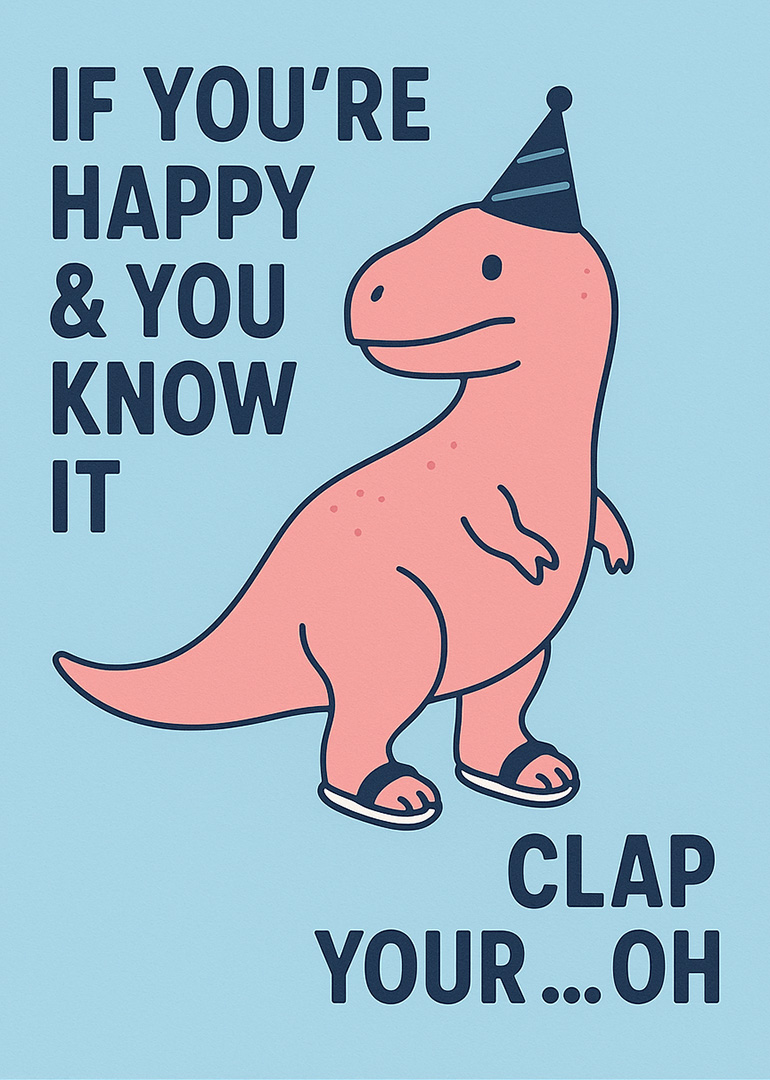 Pink dinosaur wearing party hat and sandals with funny birthday message