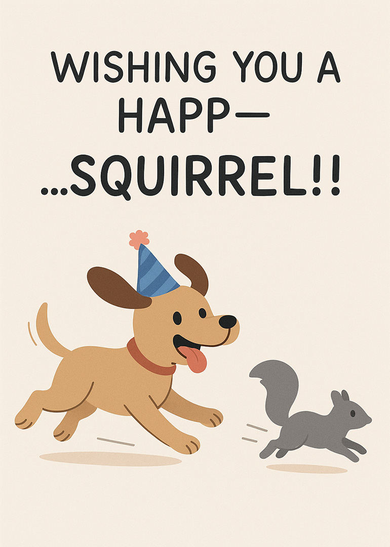 Illustration of dog wearing party hat chasing a squirrel with happy message