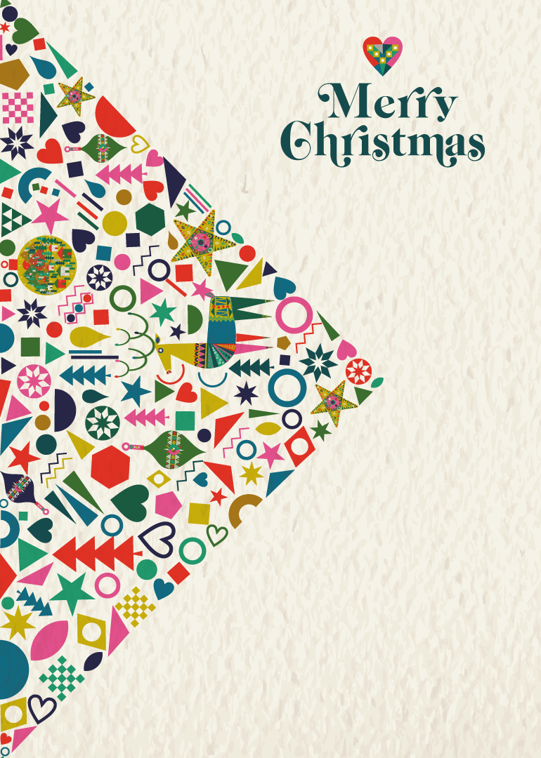 Christmas card with colorful geometric shapes and Merry Christmas text