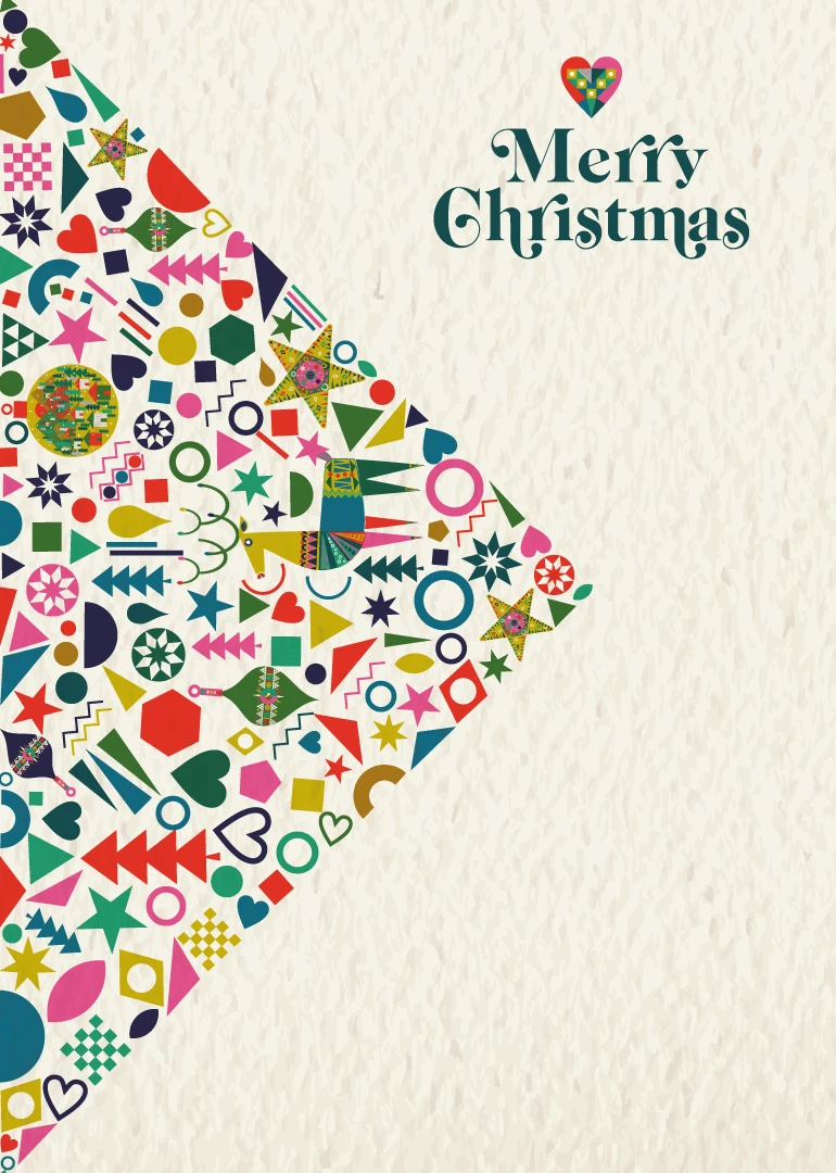 Colourful geometric Christmas tree with hearts, stars and Merry Christmas text on cream patterned background.