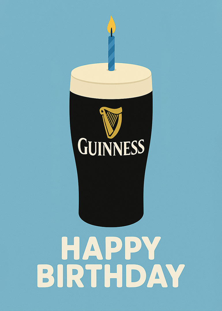 Birthday card showing a pint of Guinness with a candle on top