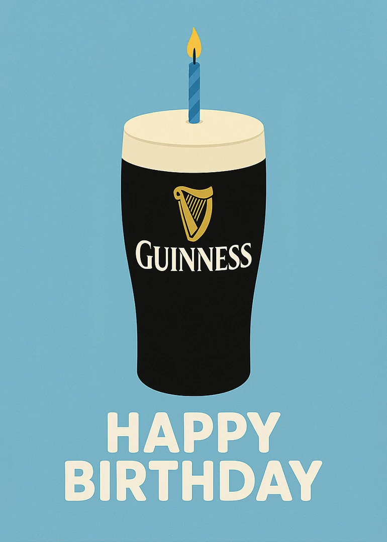 A Guinness pint glass with a candle above Happy Birthday text on a blue background.
