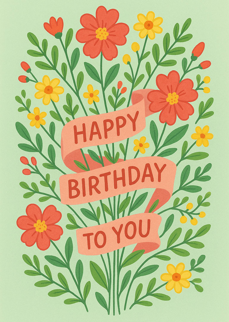 Birthday card with red and yellow flowers and happy birthday message on ribbon