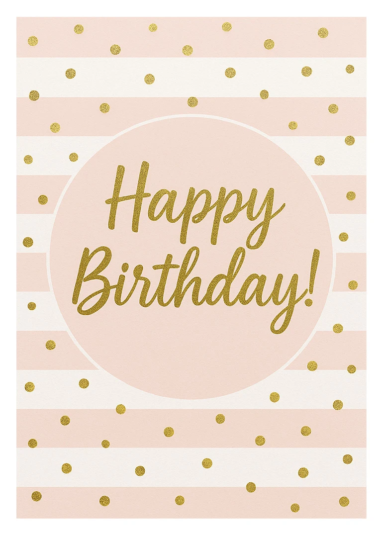 Pink and white striped birthday card with gold polka dots and Happy Birthday text shimmering.