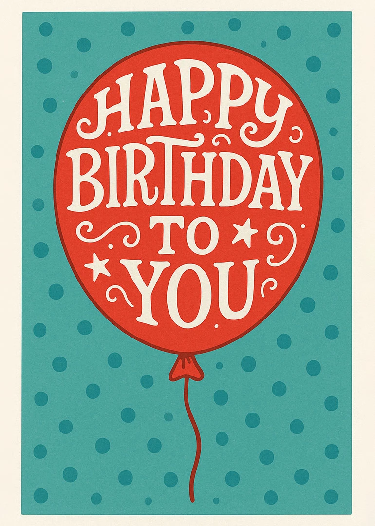 Red balloon says Happy Birthday to You on a teal polka dot background card design.