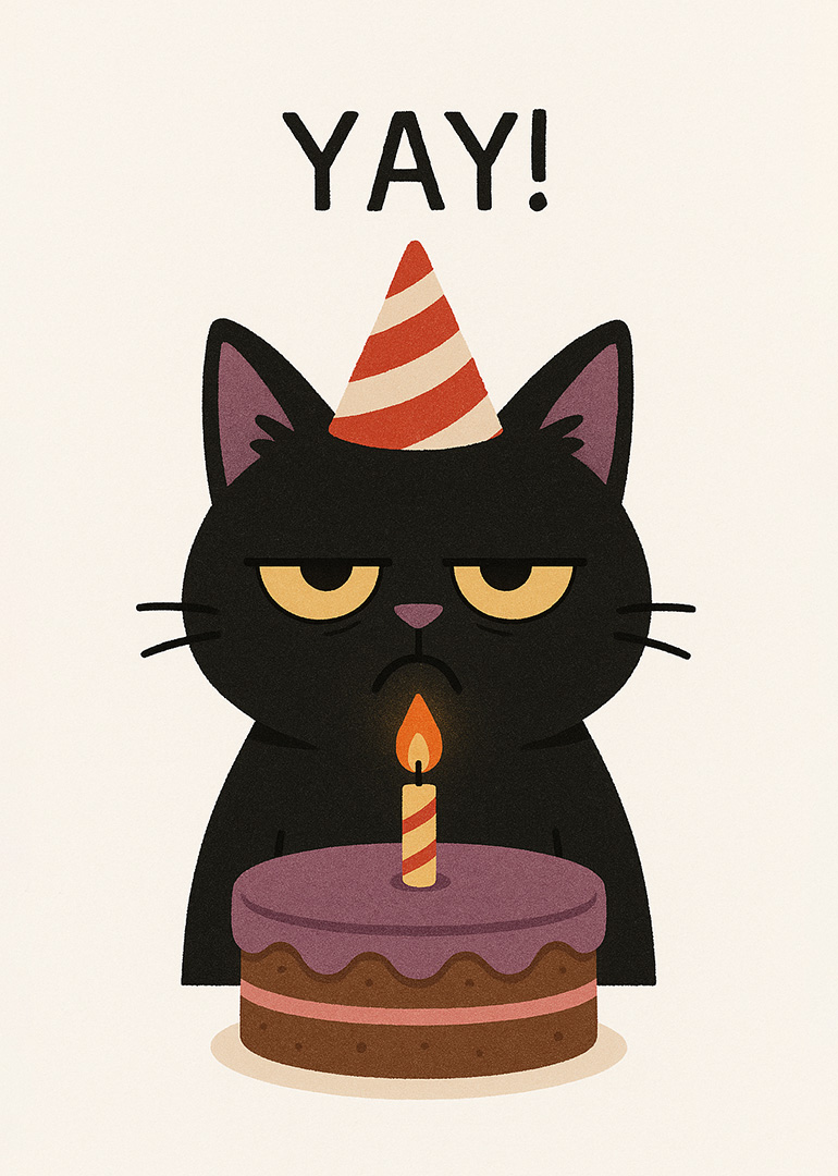 Grumpy black cat with party hat and birthday cake with one candle