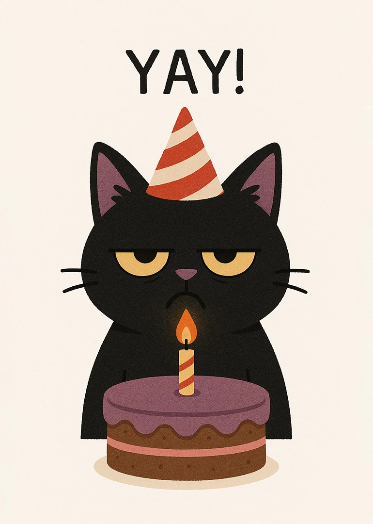 Black cat wearing a party hat sits behind a birthday cake with a lit candle.