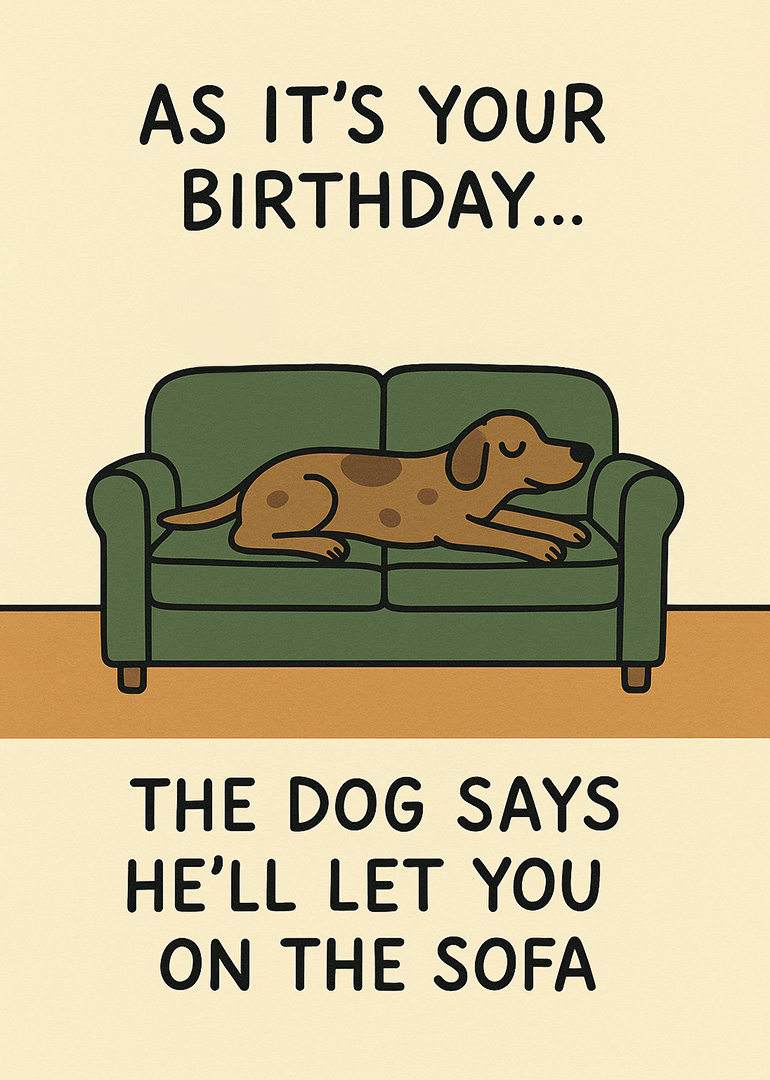 Illustration of a brown dog lying on a green sofa with birthday text