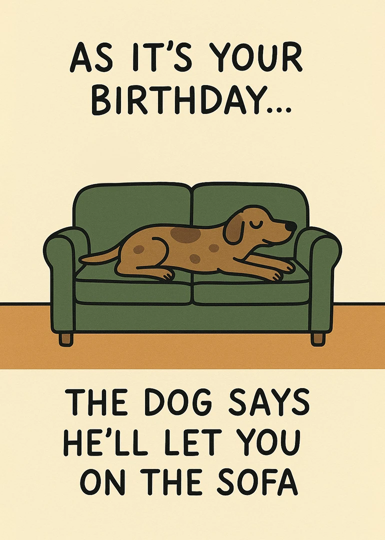 A cartoon dog lounges on a green sofa beneath cheeky birthday text about the sofa.