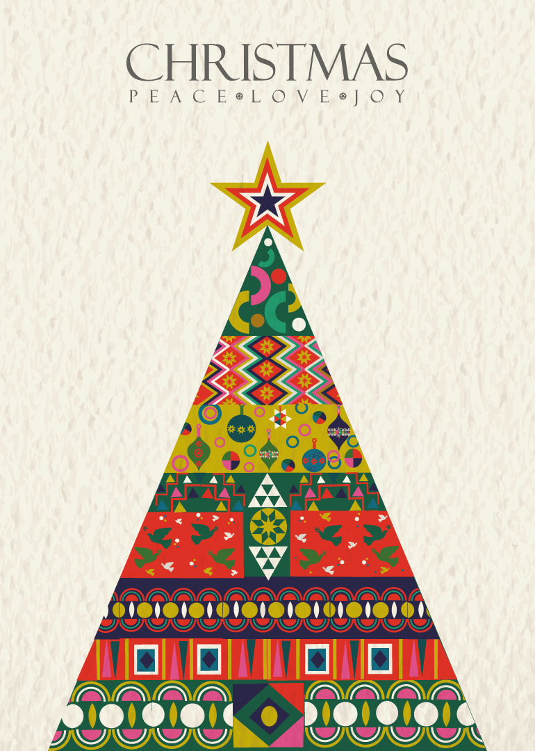 Christmas card with colorful patterned tree and star with peace love joy text