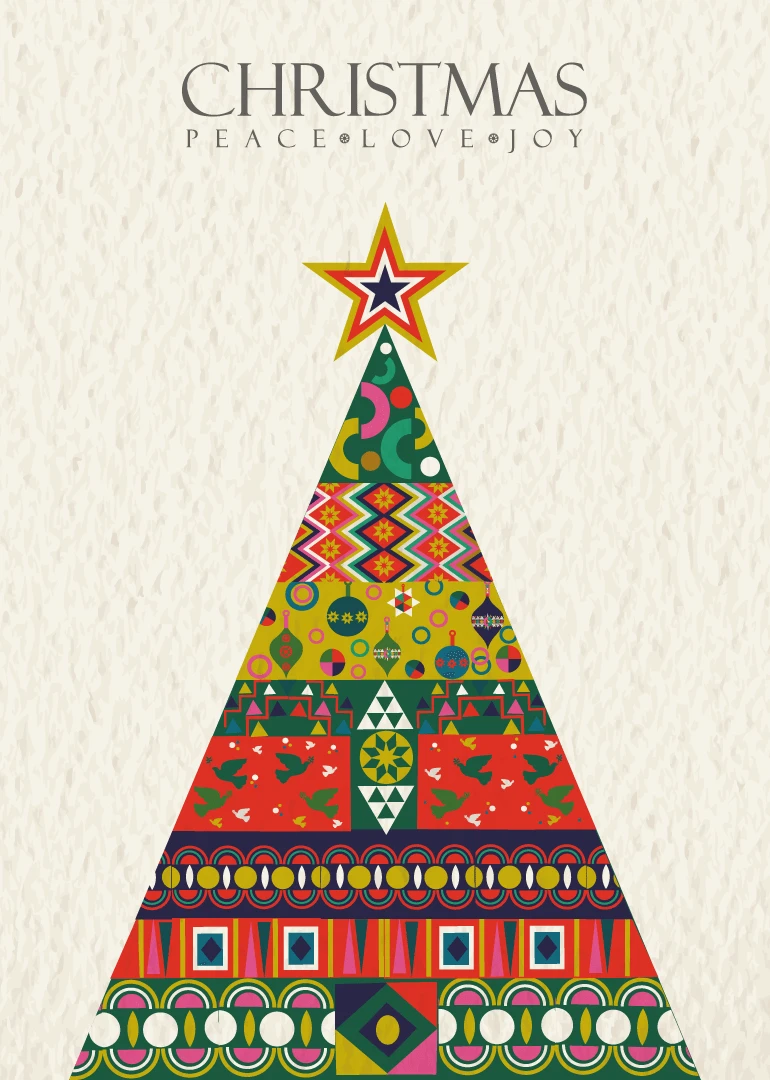 Colorful geometric Christmas tree with star topper and peace love joy text on cream background.