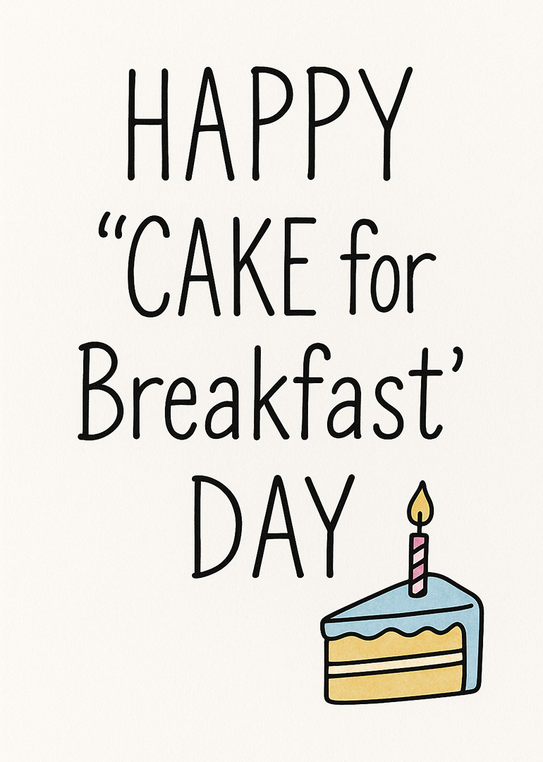 Birthday card with text happy cake for breakfast day and cake slice with candle