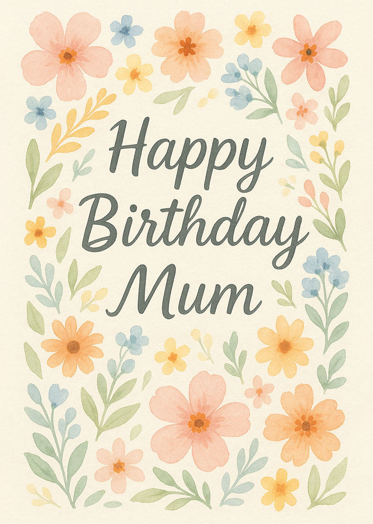 Watercolor floral birthday card with pastel flowers and happy birthday mum text