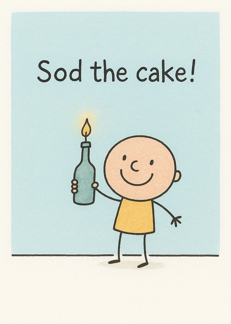 Smiling stick figure holds a bottle candle beside the words Sod the cake!