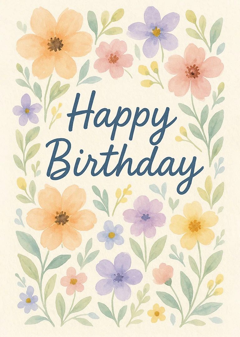 Watercolor flowers frame Happy Birthday text in soft pastel pink, yellow, purple, and green leaves.