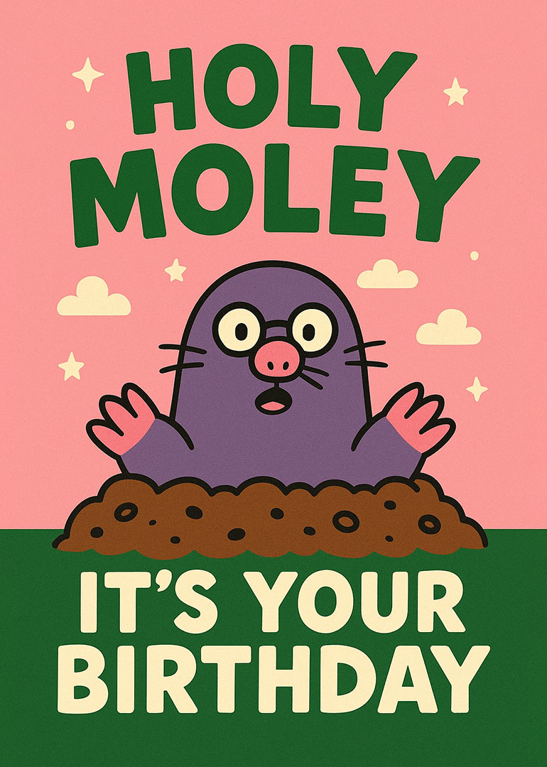 Cartoon mole popping from dirt with birthday greeting and stars