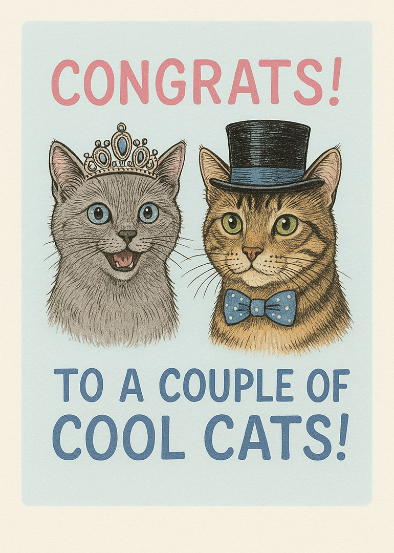 Illustration of two cats wearing a crown and top hat with congratulatory message