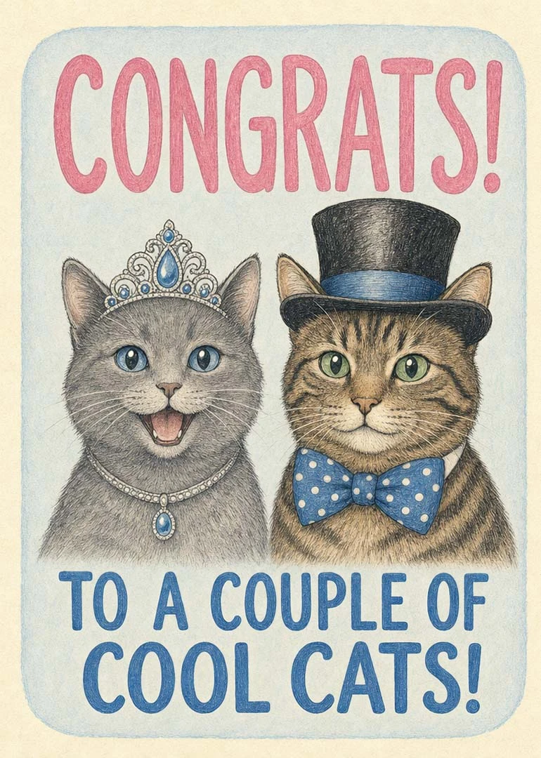 Two illustrated cats wear a crown and top hat under Congrats and cool cats text.