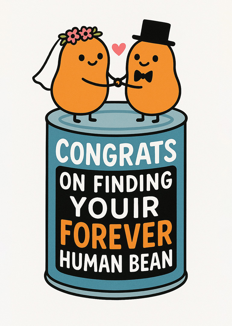 Two cute beans dressed as bride and groom on a can with heart