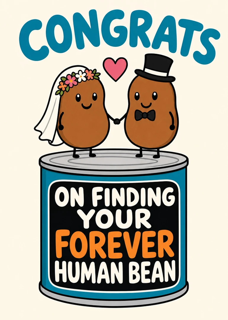 Cute bean bride and groom with heart and congratulatory wording on a wedding-style can design.