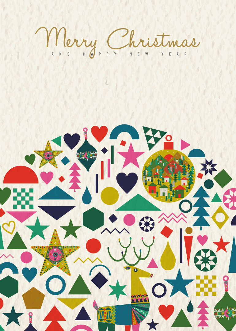 Christmas card with colorful geometric shapes, reindeer, stars, and ornaments