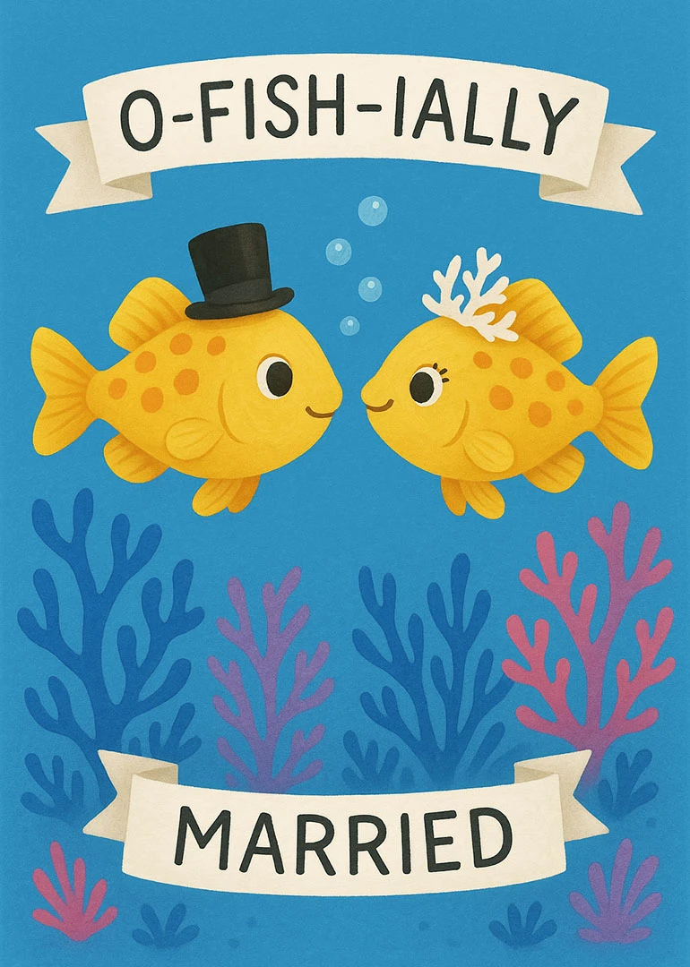 Two yellow fish with wedding hats and coral, reading O-FISH-IALLY MARRIED on a blue background.