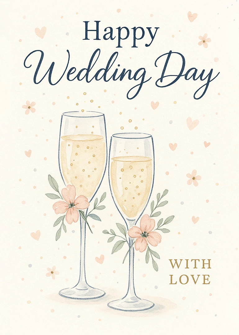 Two champagne flutes with flowers and hearts beneath Happy Wedding Day With Love text card.