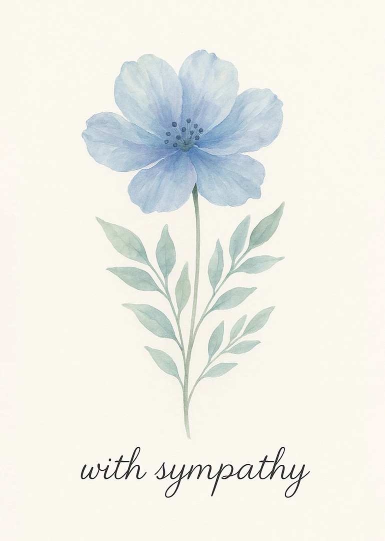 Soft blue watercolor flower with green leaves and sympathy text on a cream background below.
