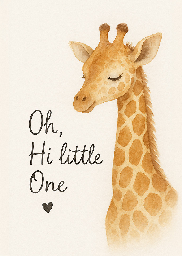 Watercolor giraffe with eyes closed and Oh Hi Little One text