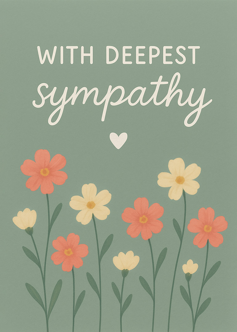 Sympathy card with soft pastel flowers and heartfelt message on green background
