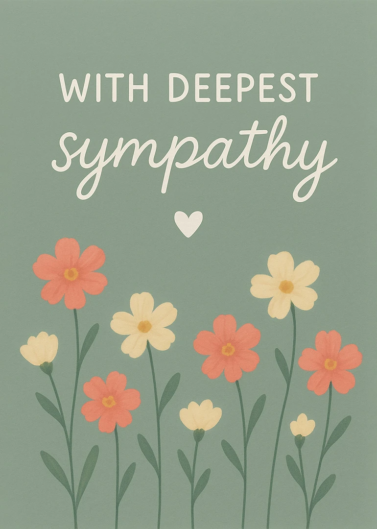 Soft green sympathy card with pastel flowers, a heart icon, and with deepest sympathy wording.