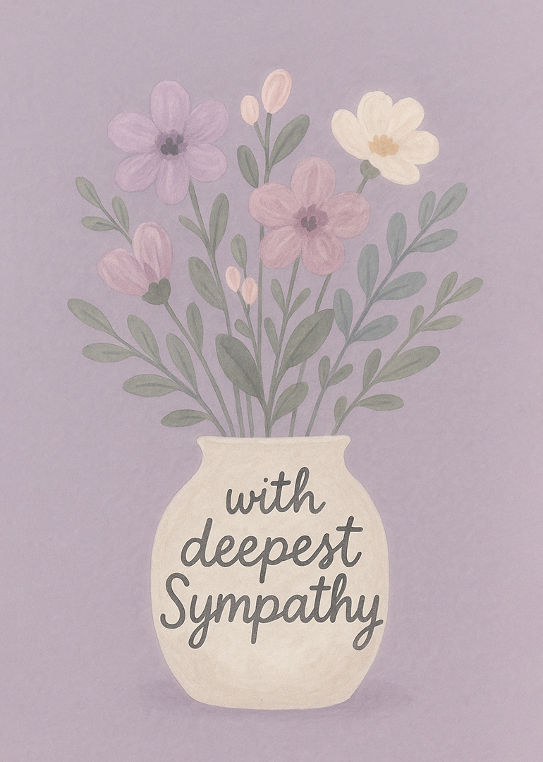 Pastel flowers in vase with with deepest sympathy message on purple background