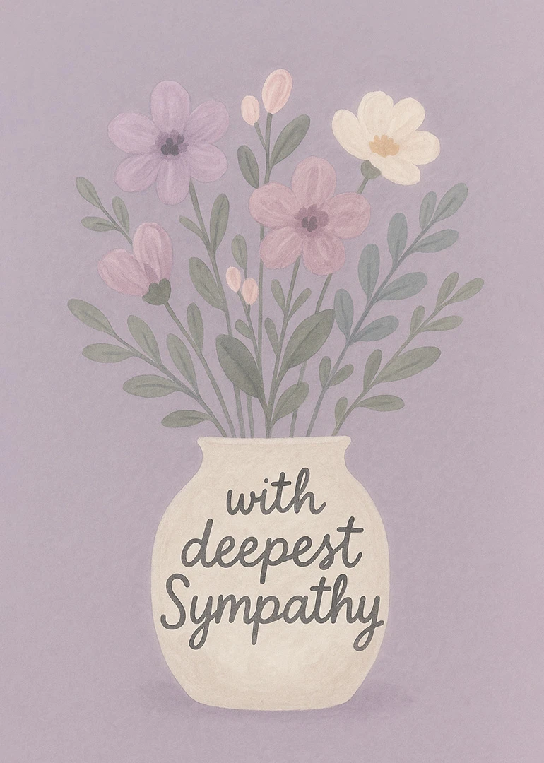 Pastel flowers in a vase with the words with deepest sympathy on a lavender background