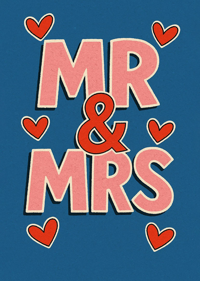 Pink Mr and Mrs letters with red hearts on a blue background for a wedding.