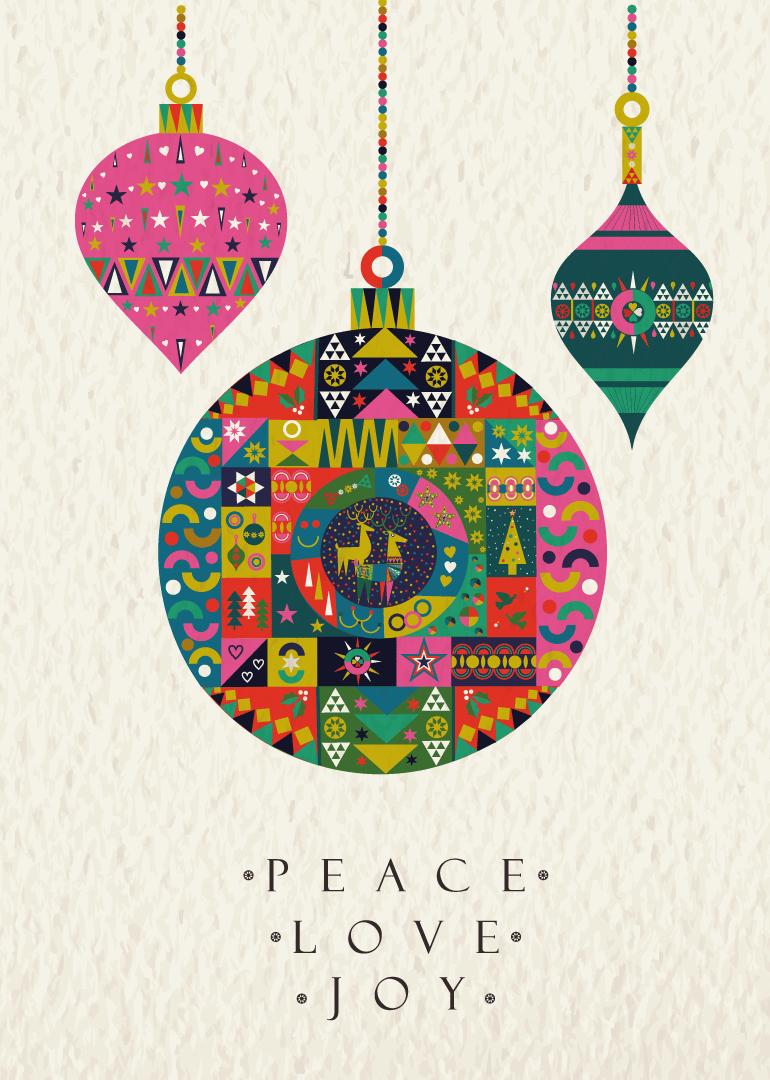 Christmas card with colorful patterned baubles and peace love joy text