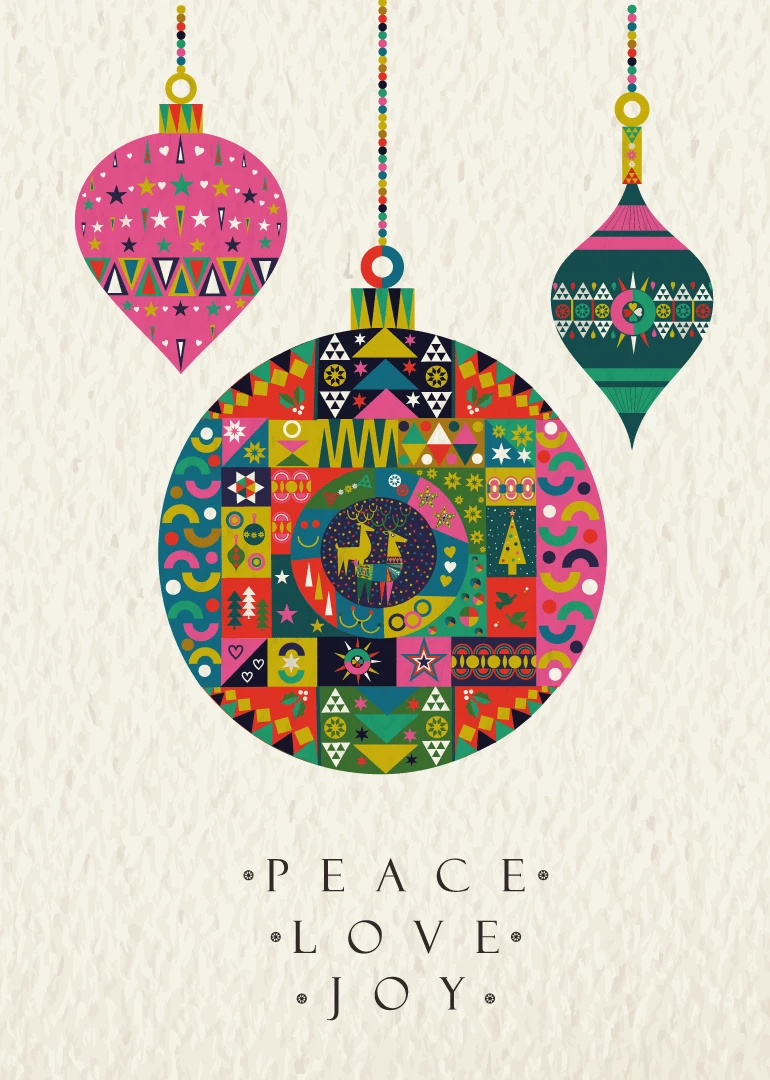 Three colorful hanging ornaments display Peace Love Joy in a decorative holiday design.
