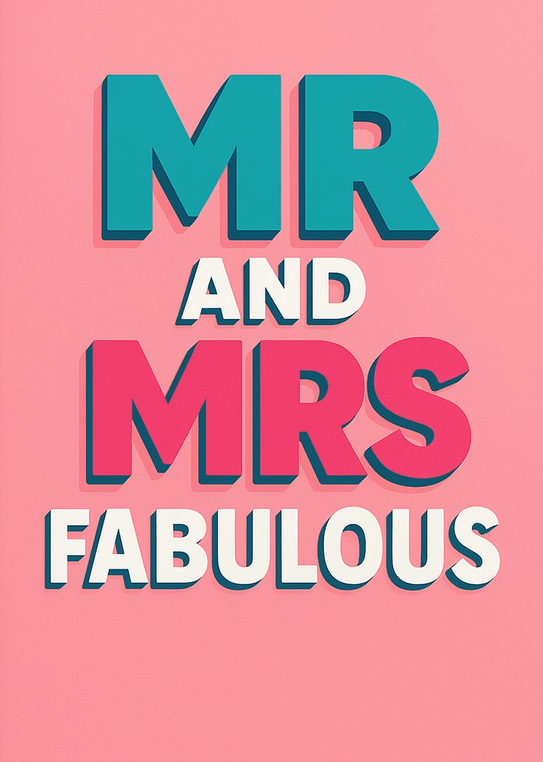 Pink card with bold teal and white Mr and Mrs Fabulous text in retro style.
