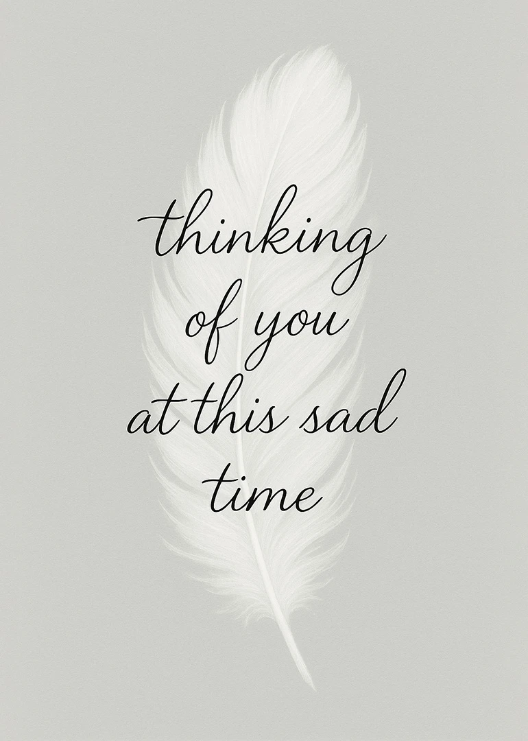 White feather on soft grey background with thinking of you at this sad time message.