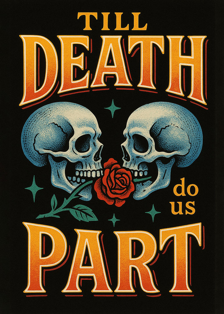 Two skulls facing each other holding a red rose with till death do us part text