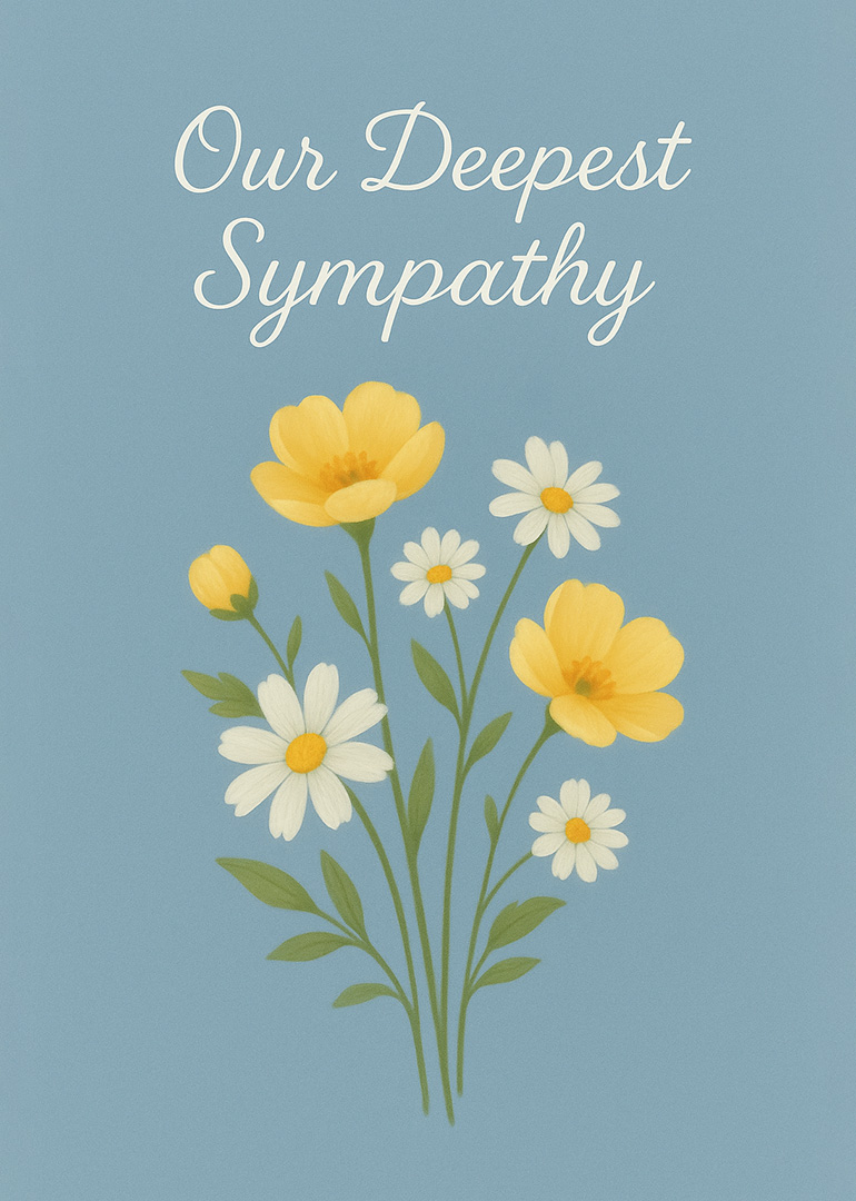 Sympathy card with yellow and white flowers on blue background
