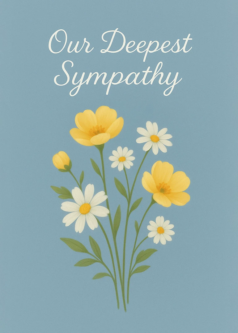 Blue sympathy card with yellow and white flowers and the message Our Deepest Sympathy shown.