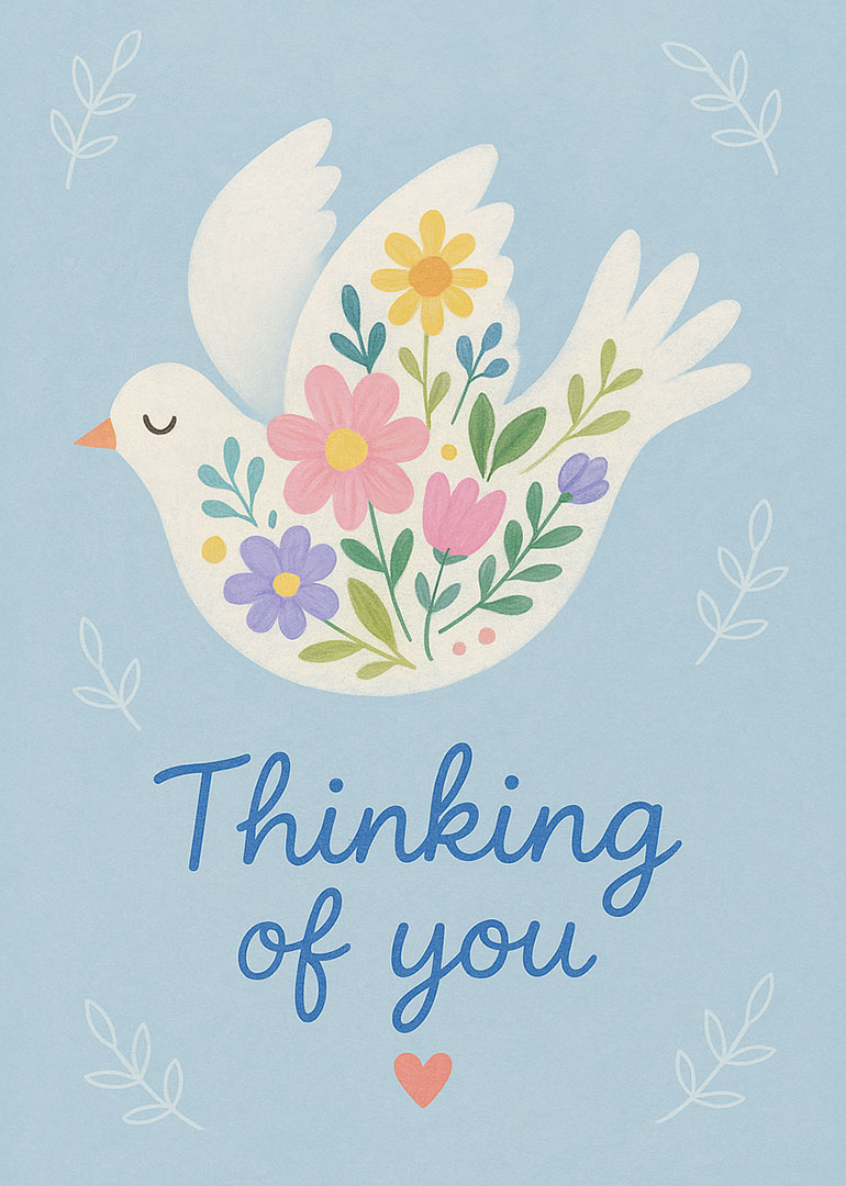 White dove with colorful flowers on light blue background with thinking of you text
