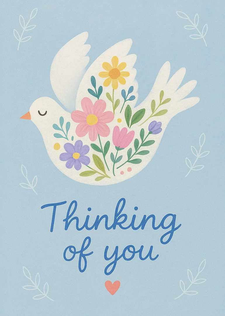 A white dove filled with flowers floats over a soft blue Thinking of you background.