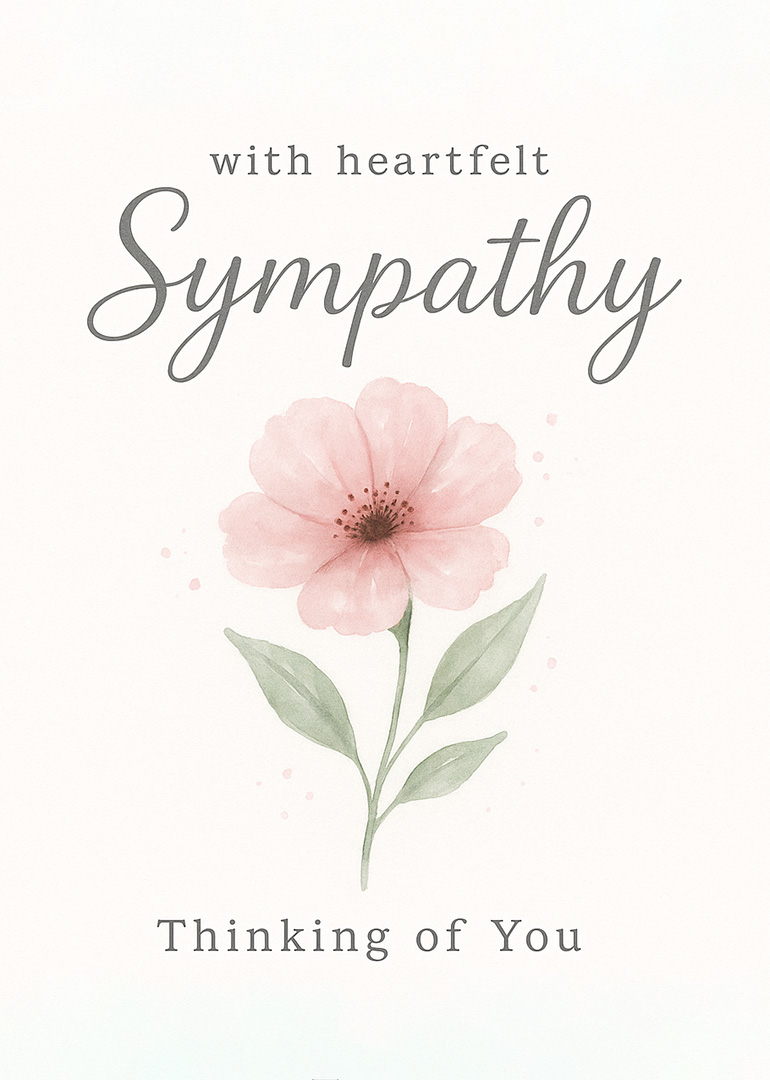 Sympathy card with pink flower and thoughtful message on white background