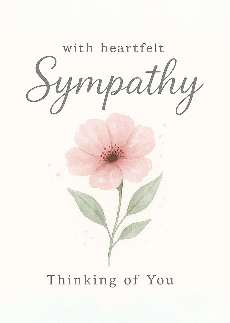 Pink watercolor flower with heartfelt sympathy and thinking of you text on a soft background.
