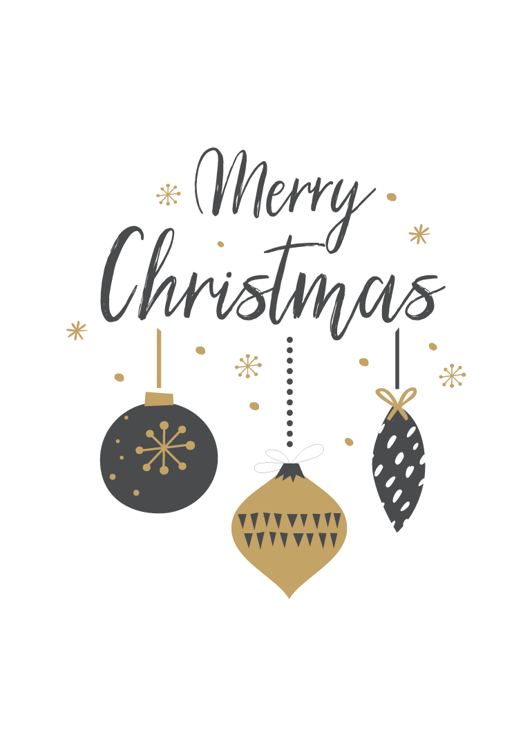 Merry Christmas card with gold and black hanging ornaments and festive snowflakes