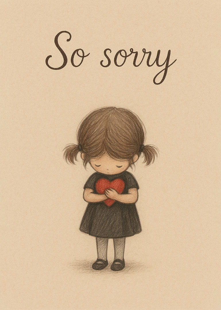 Illustration of a girl holding a red heart with so sorry text
